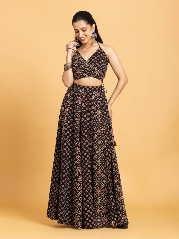 Black Ajrakh Multi-Panelled Flared Maxi Skirt 2