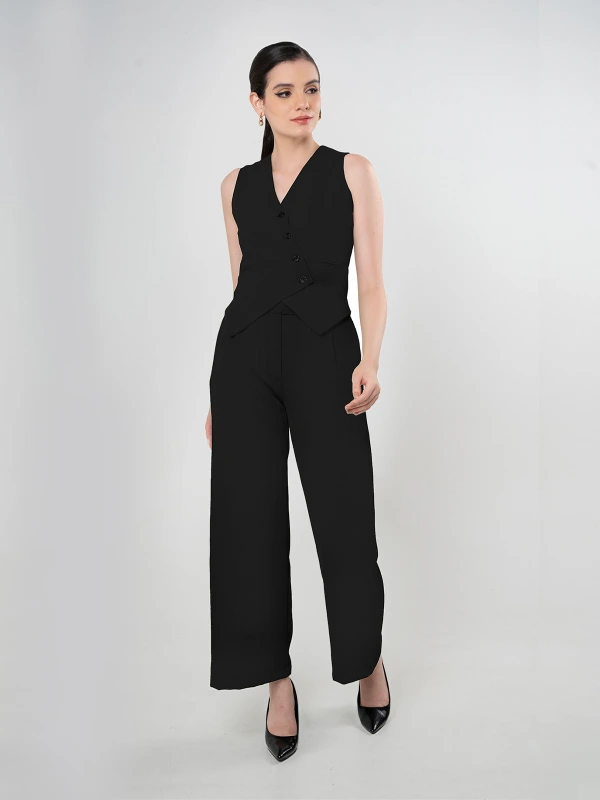 Black Asymmetric Waistcoat With Flared Pant Set t 2