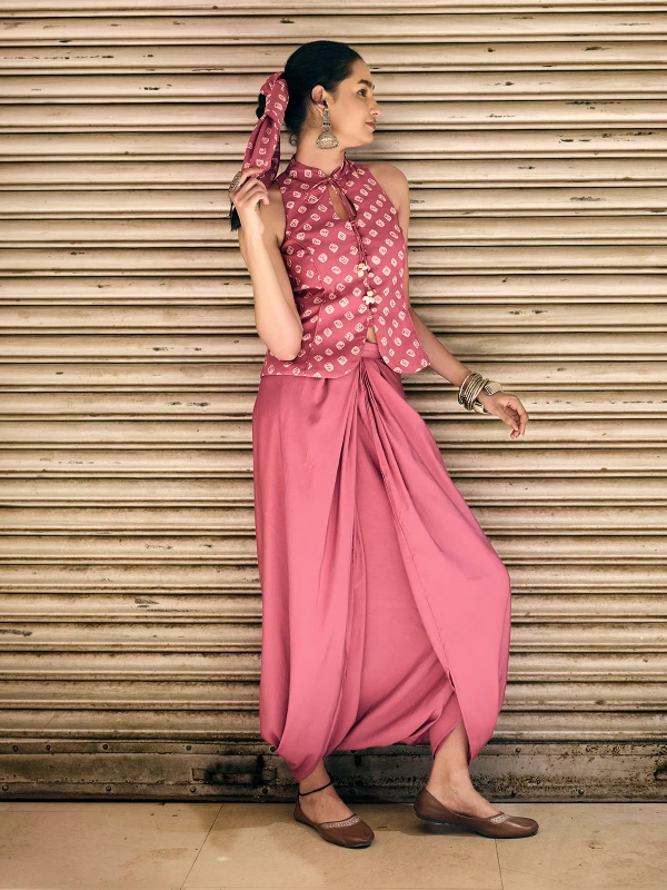 Pink Bandhani Printed Halter Top & Dhoti Pants Ethnic Co-ord Set 2
