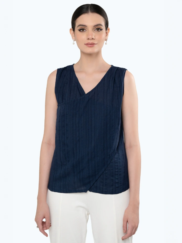 Blue Wrap-Style Loose Fit Top For Women