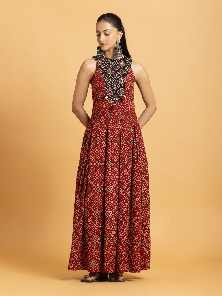 Maroon Ajrakh Printed Fit-and-Flare Maxi Dress