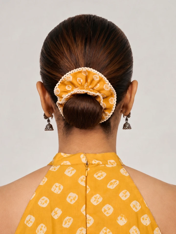 Yellow Bandhani Printed Double Layer Scrunchies
