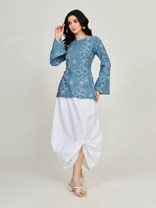 Blue Bandhani Printed Detachable Sleeve Kurti and Scarf 4