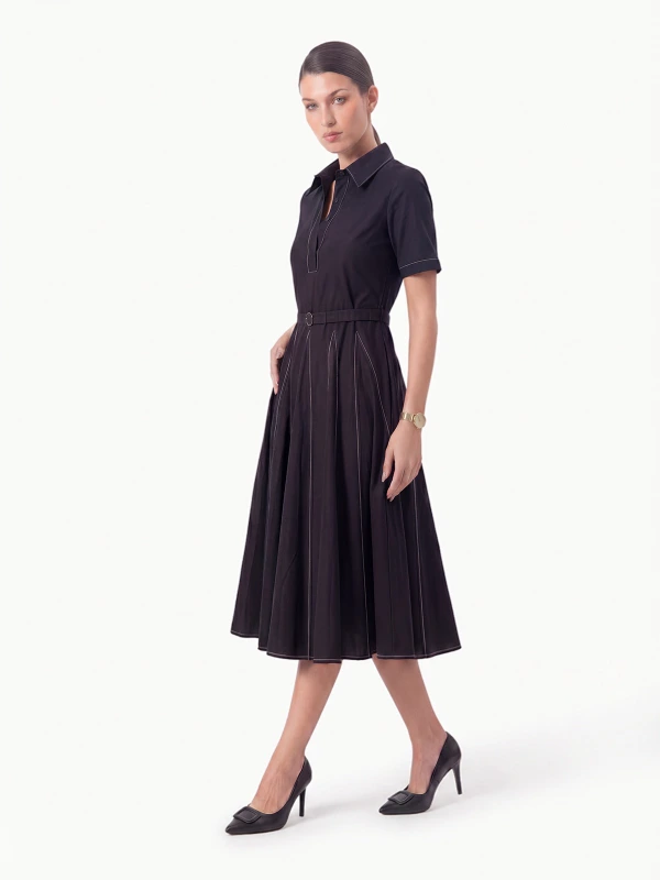 Black Collar Neck Fit and Flare Dress for Women 3