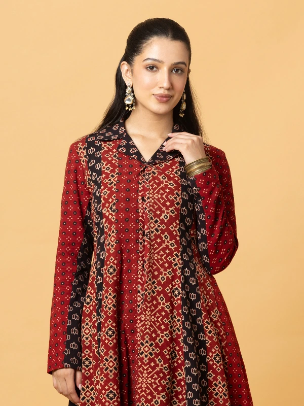Multi Color Ajrakh Printed A-Line Panel Dress 3