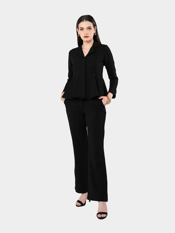 Black Peplum Top And Flared Pant Co-Ord Set 5