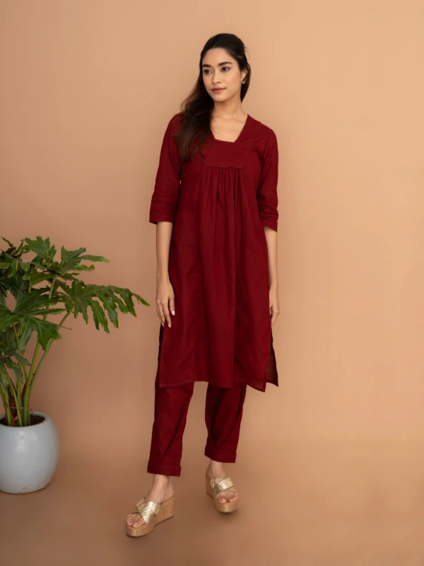 Maroon Cotton Kurta With Matching Pant Set 2
