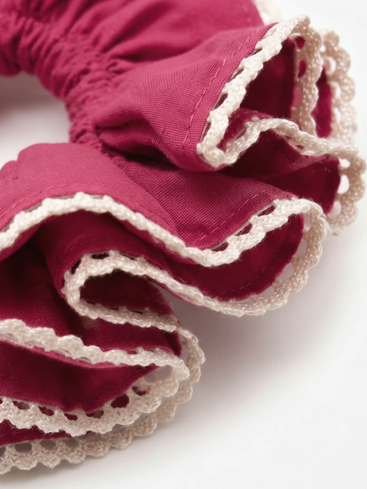 Pink Double Layer Scrunchie With Lace Trim