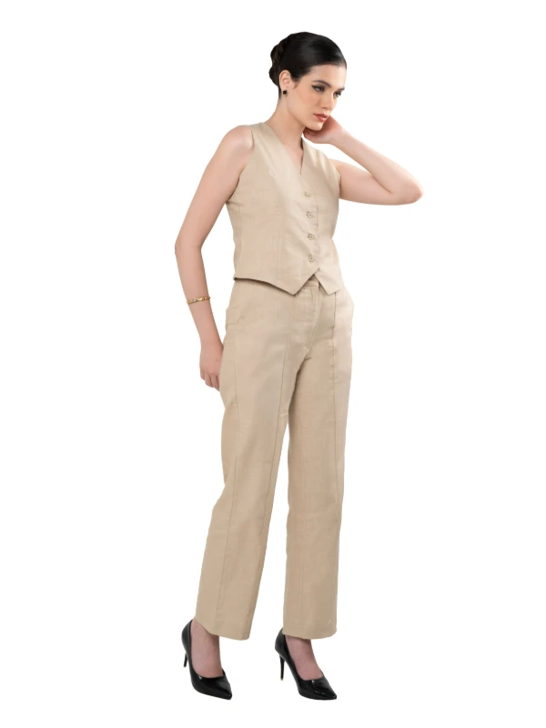 Beige Asymmetrical Waistcoat and Trouser Formal Co-ord Set Women 4