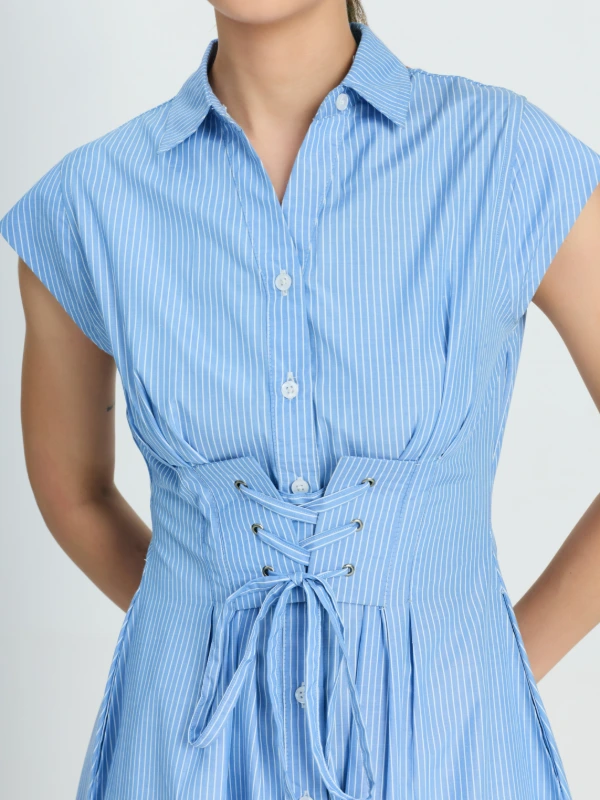 White Striped Dress With Lace-up Corset Waist 5