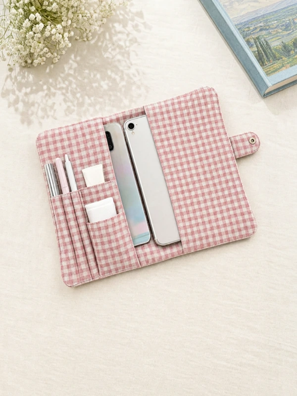 Light Pink Gingham Print Diary Cover with Multi Pockets 3