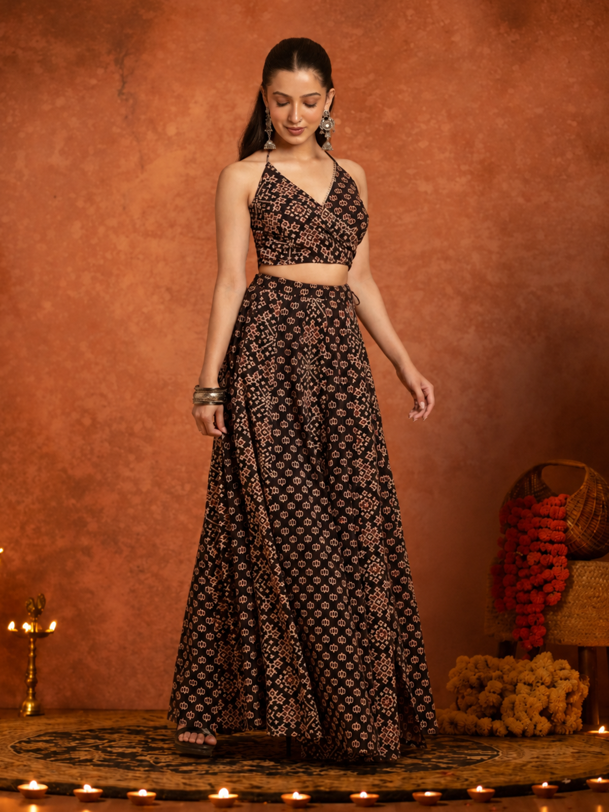 Black Ajrakh Wrap Halter Top & Flared Maxi Skirt Lehenga Set