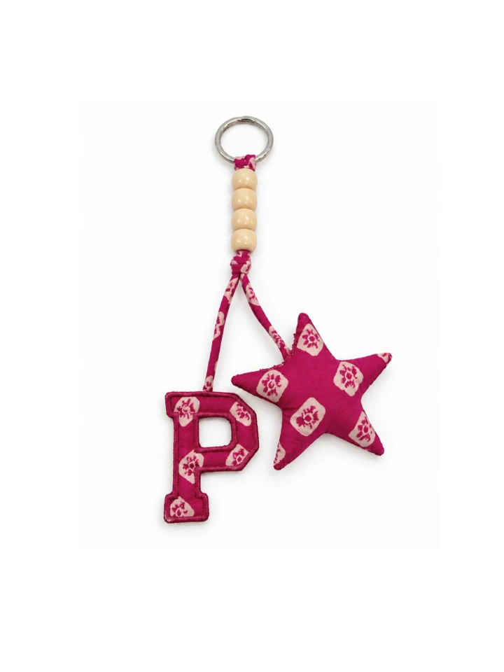 Pink Bandhani Customizable Letter Keychain With Tassel and Star Charm