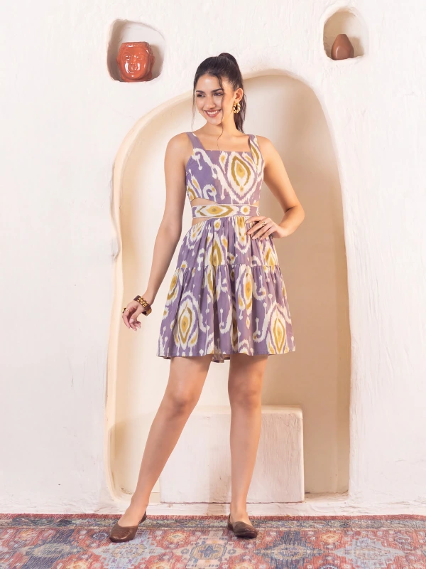 Purple Ikat Cotton Waist-Cut Mini Dress 2