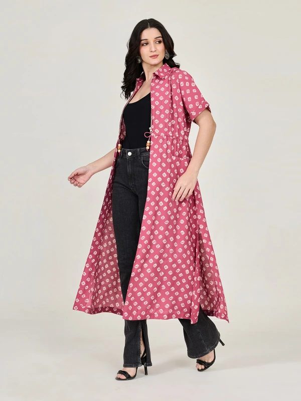 Pink Bandhani Printed Long Shrug 2