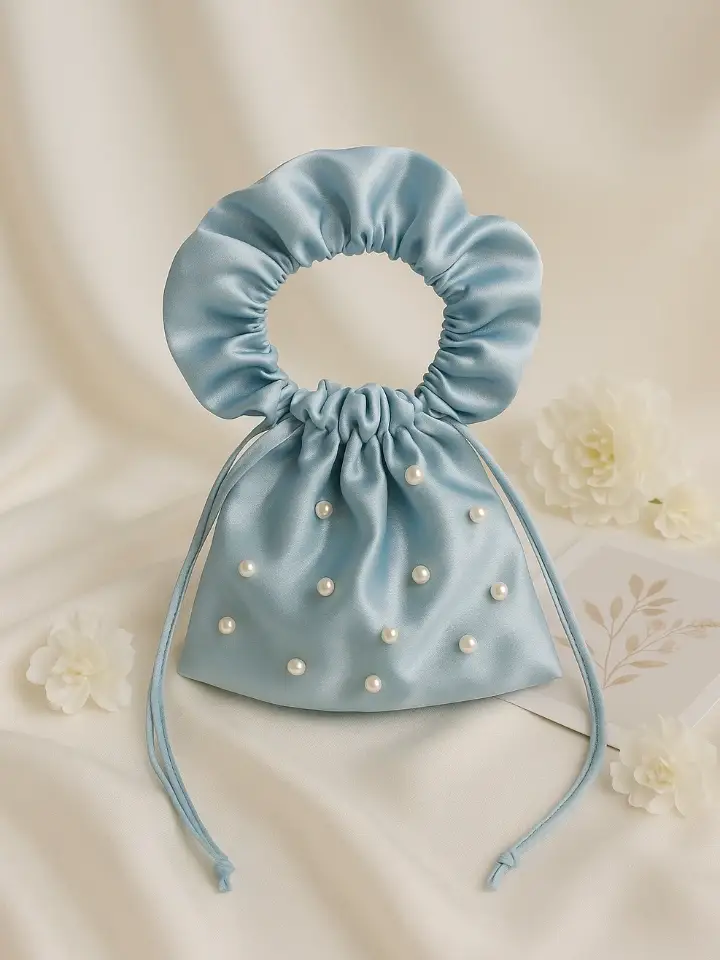 Blue Satin Potli Bag with Pearl Detailing