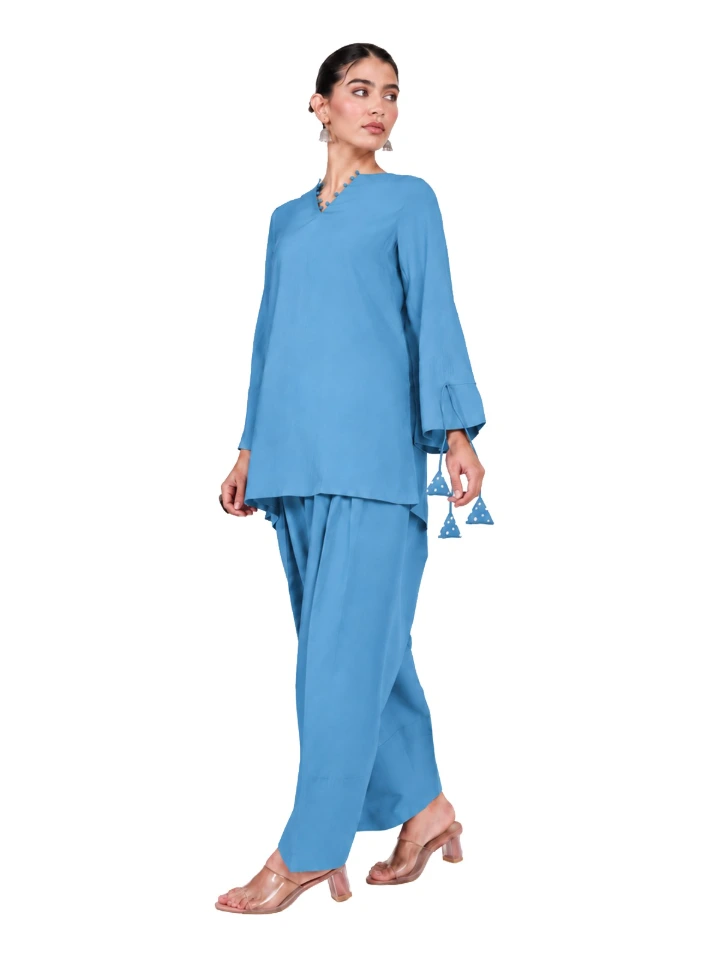 Blue A-Line Kurta & Farshi Pants Set