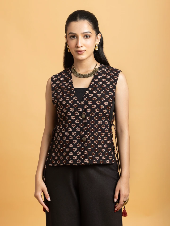 Black Ajrakh Printed Wrap Style Ethnic Waistcoat for Women