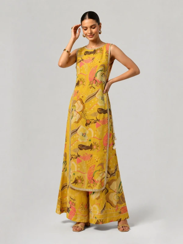 Yellow 3-Piece Ethnic Co-Ord Set With Kurti Crop Top and Flared Pants 2