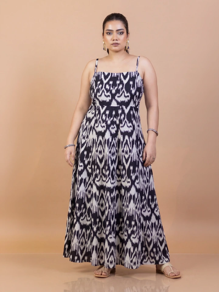 Black Ikat cotton fit and flare maxi dress