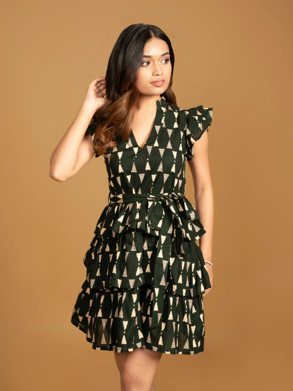Green Printed Cotton Layered Mini Dress 2
