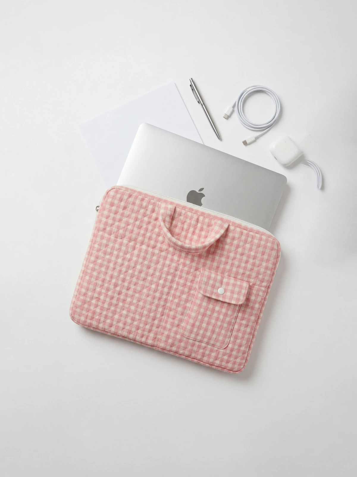 Light Pink Gingham Laptop Sleeve Bag With Utility Pocket for MacBook thumbnail 4