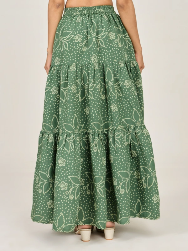 Green Bandhani Printed Tiered Prairie Skirt 4