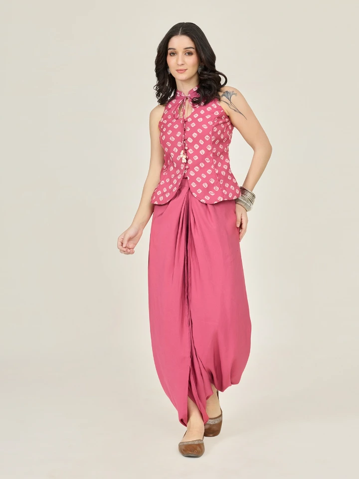 Pink Bandhani Printed Halter Top & Dhoti Pants Ethnic Co-ord Set