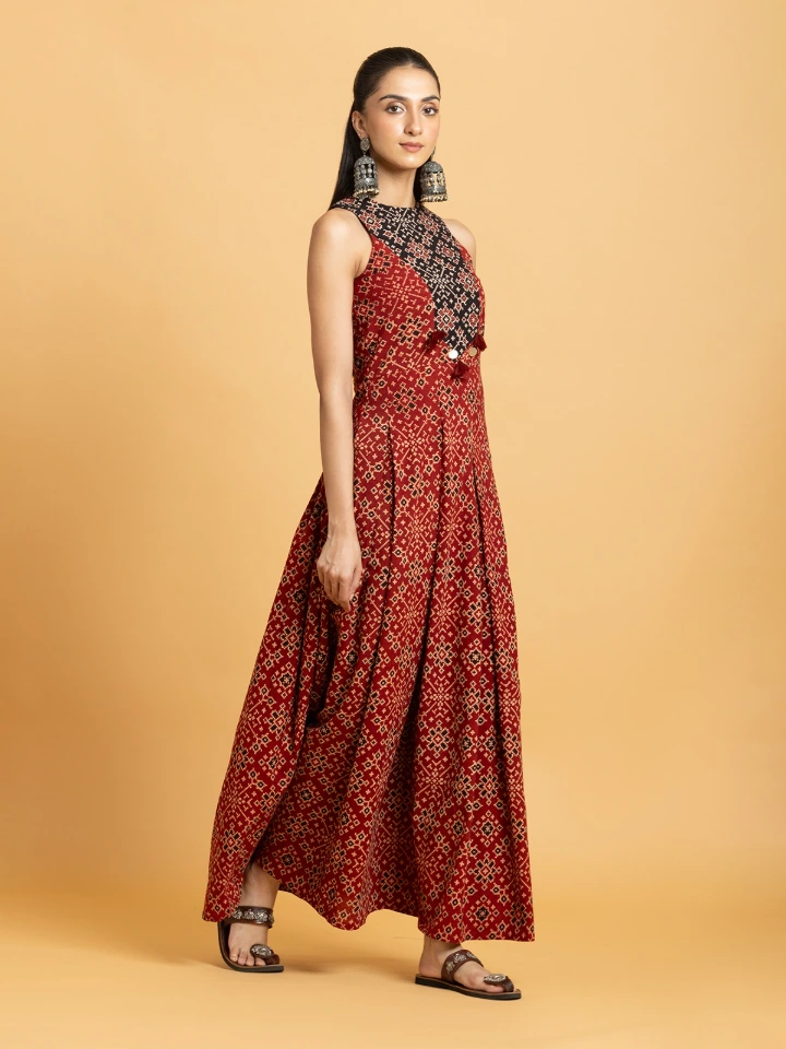 Maroon Ajrakh Printed Fit-and-Flare Maxi Dress