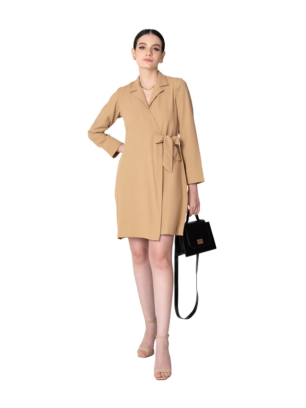 Beige Lapel Collar Dress With Front Tie Detail